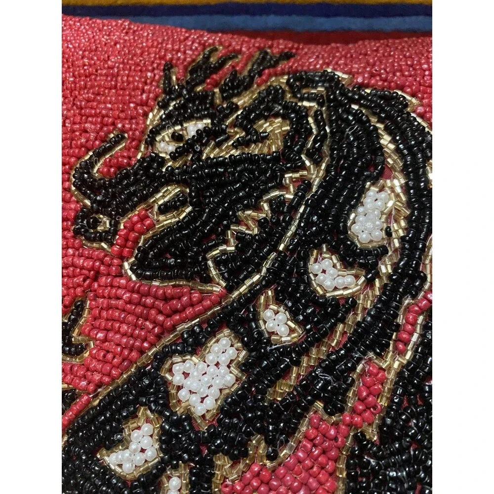 Chinese New Year 2024 Dragon Red Black 13x13 Square Beaded Toss Pillow Zodiac